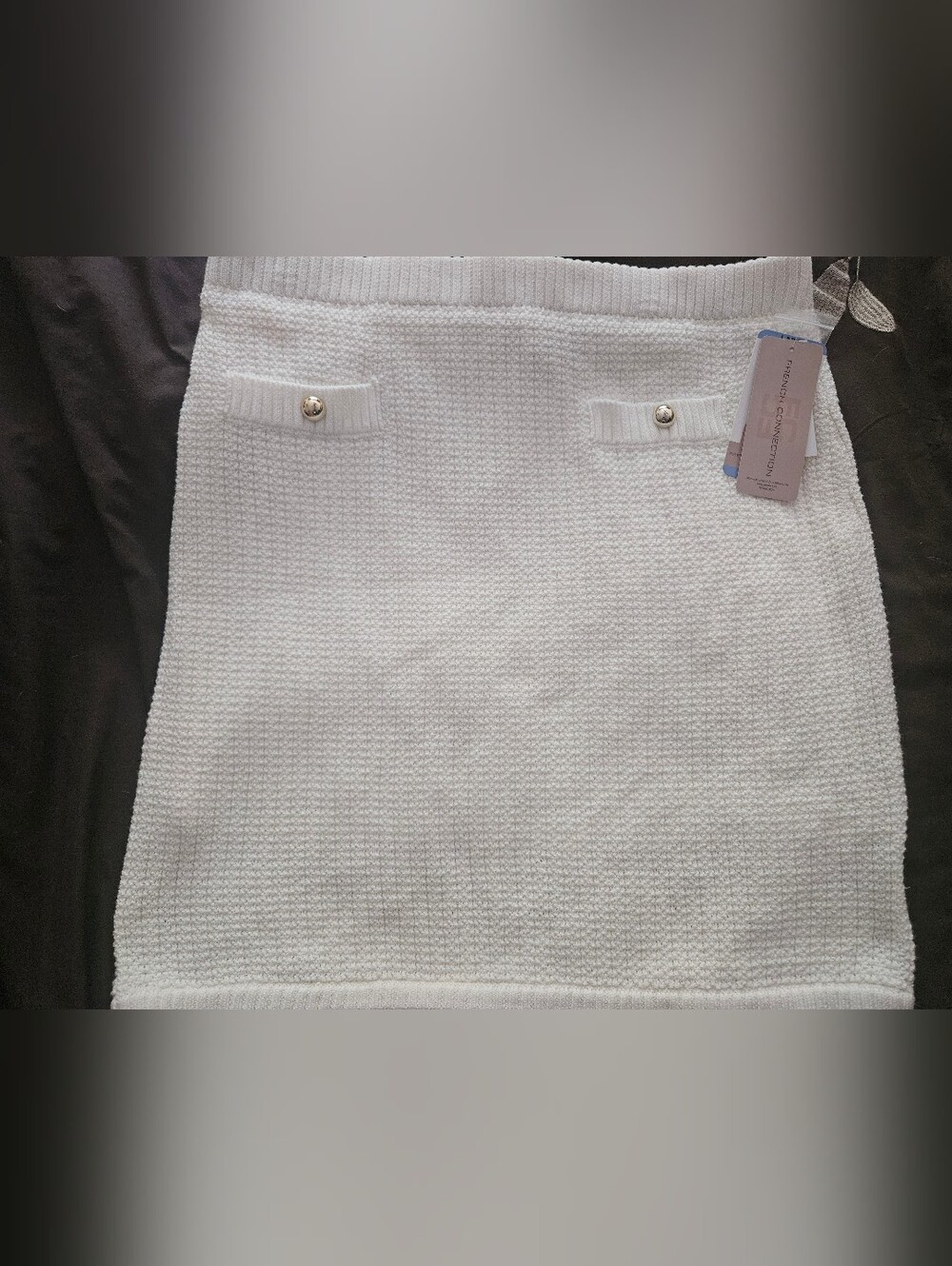 French Connection White Textured Knit Sweater Skirt with Button Pocket Detail